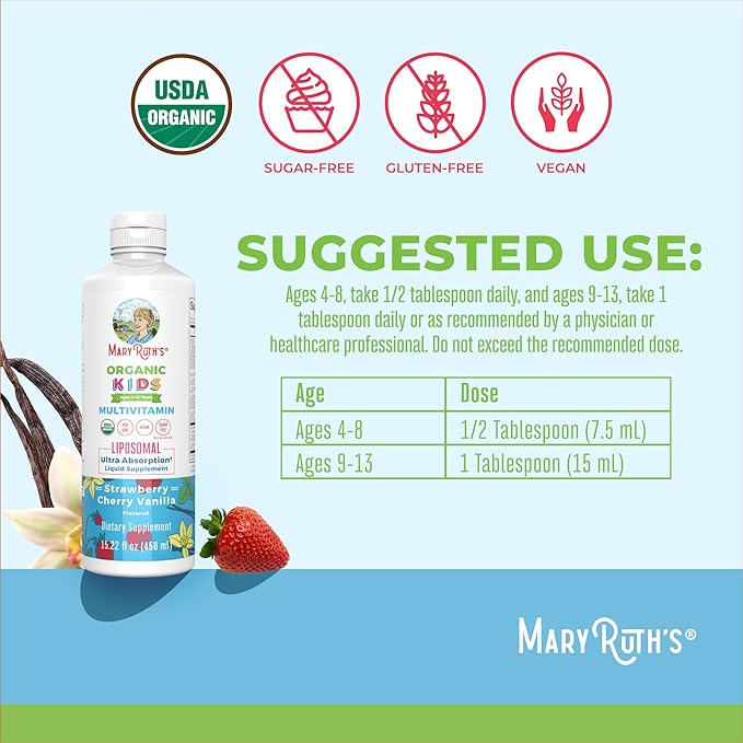 MaryRuth's Kids Multivitamin Liposomal | Vegan, Sugar-Free Vitamins for Kids | Ages 4+ | 2 Month Supply | 15.22 Fl Oz