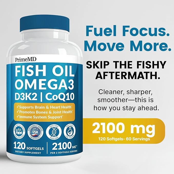4-in-1 Fish Oil Omega 3 Fatty Supplements (2100mg) - Omega 3 Fish Oil with Vitamins D3 K2 and CoQ10 - Lemon Flavored (120 softgels, Pack of 4)