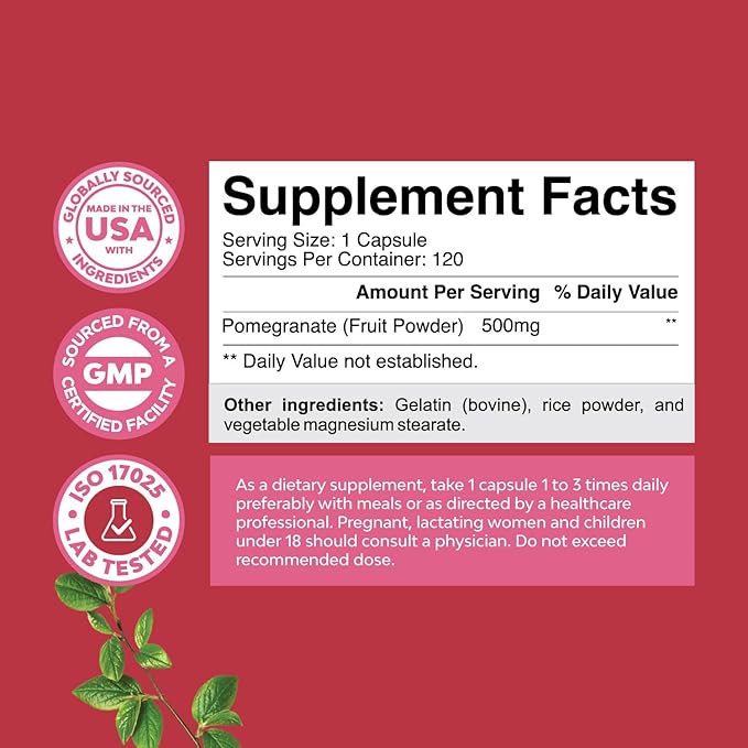 Advanced Antioxidant Superfood Pomegranate Supplement - Natural Pomegranate Extract Polyphenols Supplement for Heart Health and Joint Support - Reds Superfood Powder Capsules for Men and Women 120ct