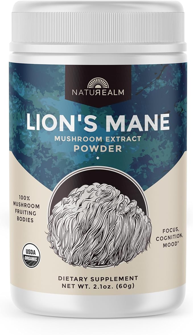 Naturealm Lion's Mane Mushroom Powder - Organic Brain Support for Focus Memory Mental Clarity - Non GMO Cognitive Function - 60 Servings