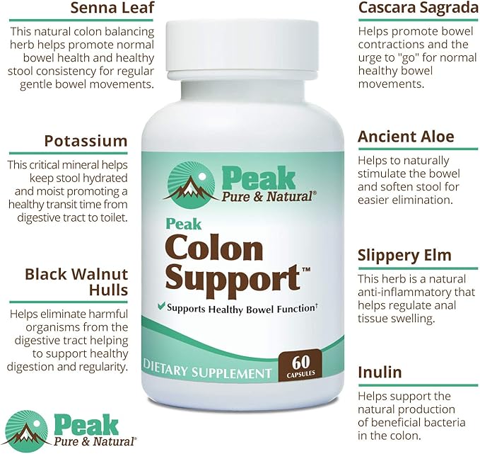 Peak Pure & Natural Colon Support - Colon Cleanse and Detox Supplement for Digestive Health - Gut Health Support with Inulin and Senna Leaf Extracts - with Fiber, Prebiotics, and Probiotics - 2 Pack