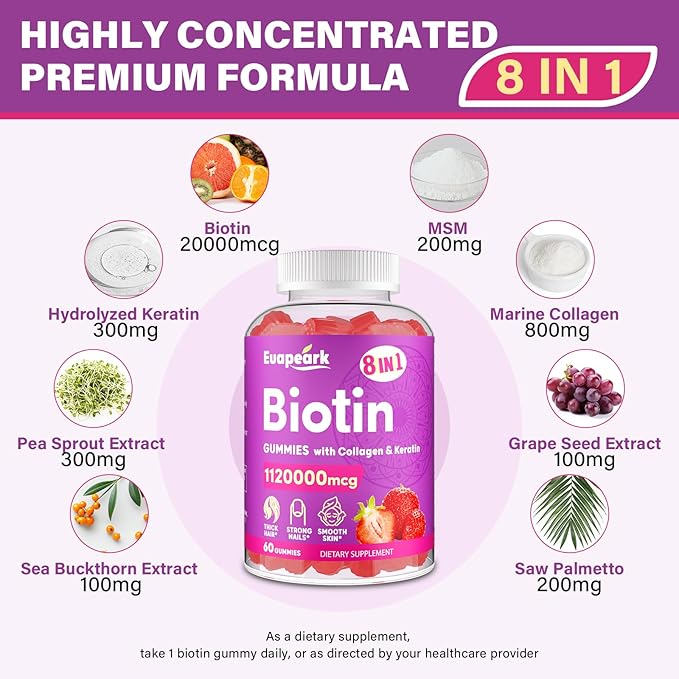 Biotin Gummies for Women and Men, 8 in 1 Organic Formula, Max Strength Biotin and Collagen Gummies with Keratin, Folic Acid & Vitamins, for Hair Growth, Skin and Nails Supplement, Sugar Free,120 Count