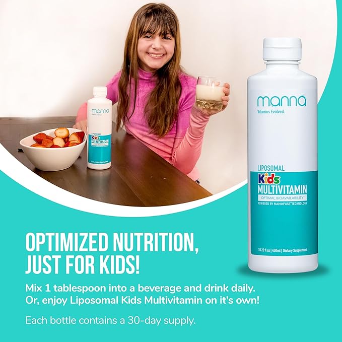Manna Vitamins Evolved Liposomal Kids Multivitamin - Vitamin D3 & Vitamin A Supplement - Vitamin B12 & Vitamin C Supplement - Kids Liquid Multivitamin - Immune Support Supplement for Children