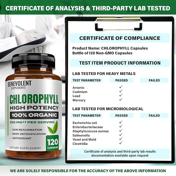 Benevolent Chlorophyll Capsules 350mg - 100% Natural + Ultra Chlorophyll 20x Potency Concentration for Energy Boost, Immune Support, Internal Deodorant, Skin Health, Non-GMO, 120 Capsules
