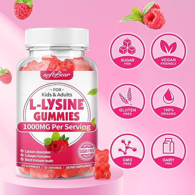 softbear L-Lysine Gummies for Adults & Kids, L Lysine 1000mg Chewable Lysine Supplement for Lips & Oral Health, Immune & Collagen Support, Vegan, Non GMO, Gluten-Free, Raspberry Flavor 60 Count