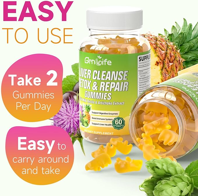 Liver Cleanse Detox & Repair Gummies with Milk Thistle 3000mg, 24-in-1 Liver Health Supplement with Dandelion, Artichoke, Sugar Free Liver Detox Gummies, Pineapple Flavor - 60 Count