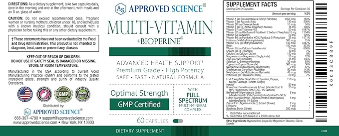 Approved Science Multi-Vitamin - with Full-Spectrum B-Vitamins, Green Tea, Lutein, Lycopene, Zeaxanthin, BioPerine - 60 Capsules - 1 Month Supply
