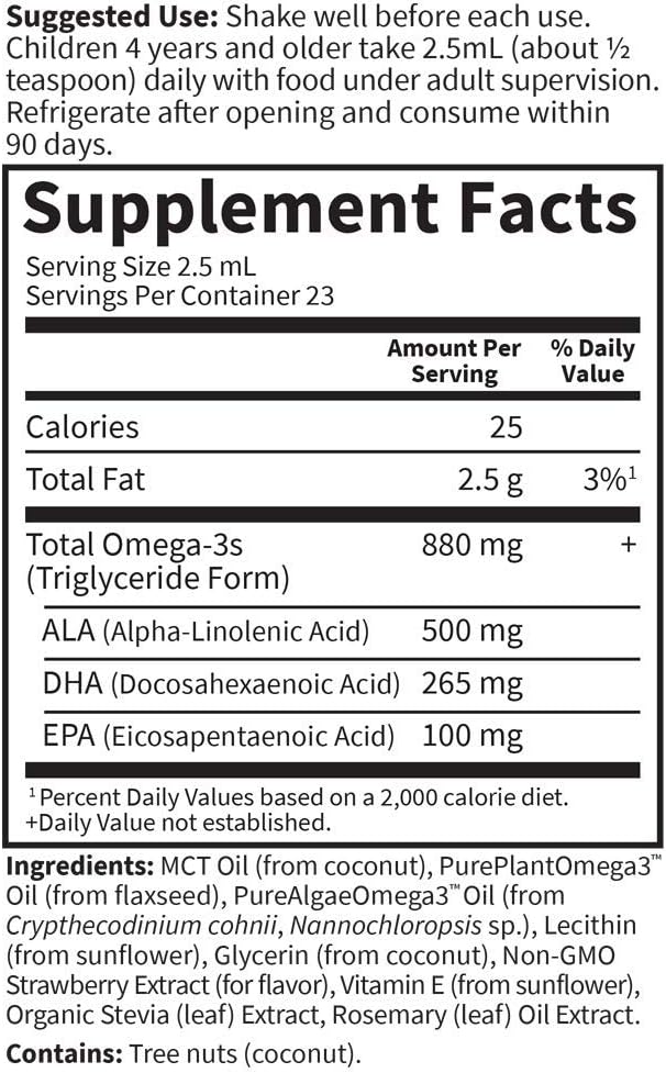 Garden of Life Plant Omega-3 Ala, Dha & Epa Supplement for Children -Liquid, Strawberry - Vegan Brain & Eye Support for Kids, Sugar Free & Non-GMO - 2 Fl Oz
