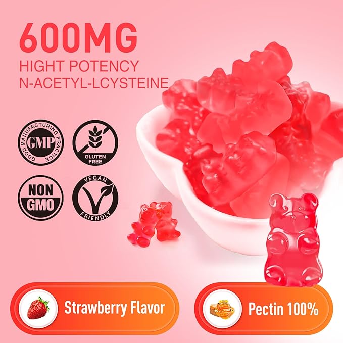 NAC Gummies 600mg, N Acetyl Cysteine Supplement NAC Chewable for Antioxidants & Immune Support, Lung & Liver Health, Natural Strawberry Flavor, 60ct
