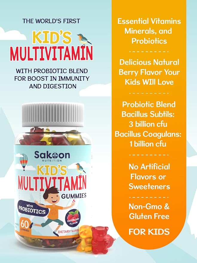 Sakoon nutrition Kids Multivitamin Gummies with Probiotics, 60 Count Raspberry Flavor| Vegetarian, Non-GMO, Gluten Free, Halal Children's Supplement