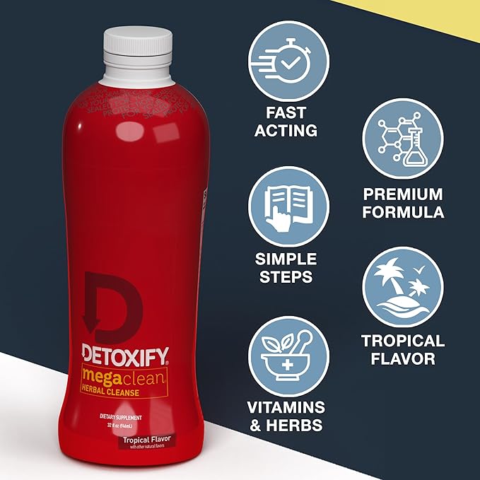 Detoxify Mega Clean Herbal Cleanse – Tropical – 32 oz – Professionally Formulated Herbal Detox Drink – Enhanced with Milk Thistle, Ginseng Root & Guarana Seed – Plus Sticker