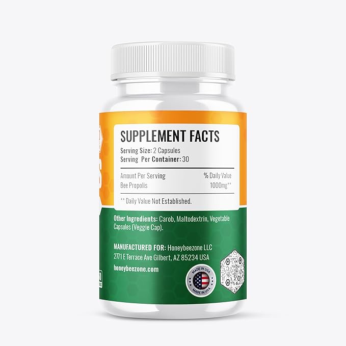 Bee Propolis Extract Capsules, Immune Support Supplement, Natural Immune Booster, Non-GMO Gluten-Free additive Free 500 mg 60 Vegan Capsules with Carob Powder for Men and Women