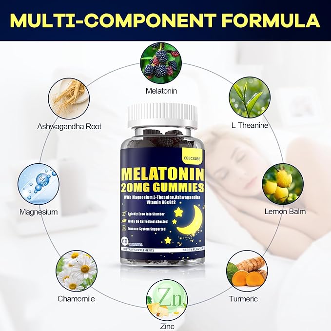 Melatonin 20mg Gummies for Adult: Sugar Free Melatonin Supplement Extra Strength with Ashwagandha L-Theanine Magnesium Turmeric Vitamin D3 B6 B12 - Non-Habit Forming for Women Men(120Count)