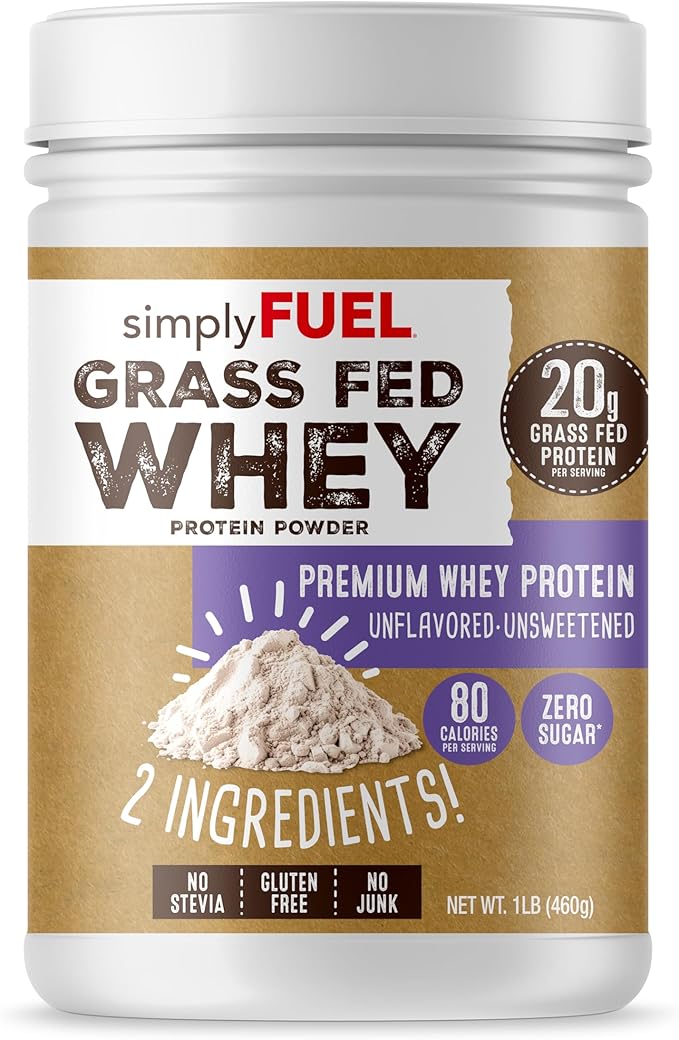 100% Grass Fed Whey Protein Powder - Only 2 Ingredients, Unflavored, Unsweetened, Gluten Free, No Soy, 20g Protein - Zero Sugar, No Carb Clean Protein - Muscle Growth and Recovery 1LBS