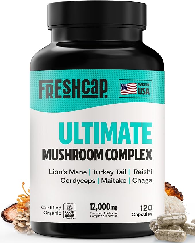 FreshCap Ultimate Mushroom Supplement 12,000mg - Mushroom Complex Capsules, Organic Mushrooms Supplement, Nootropic Brain Supplements for Memory and Focus Ayurveda (120 Capsules)