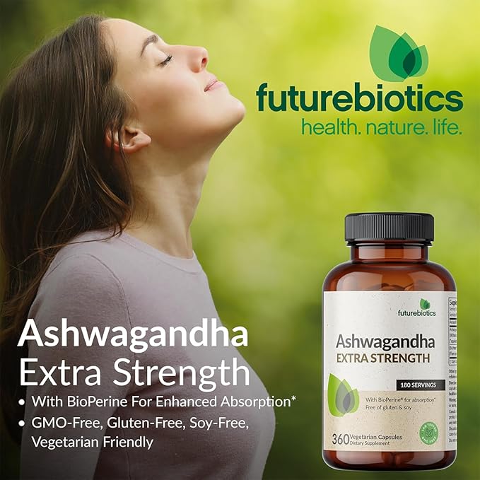 Futurebiotics Ashwagandha Extra Strength Stress & Mood Support with BioPerine - Non GMO Formula, 360 Vegetarian Capsules