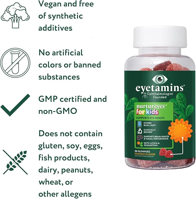Nurtureyes Eye Health Gummy for Kids - 30 Easy-to-Chew, Mango Gummies - Ophthalmologist- Created Kids Eye Vitamins - Natural, Vegan, and Non-GMO Formula
