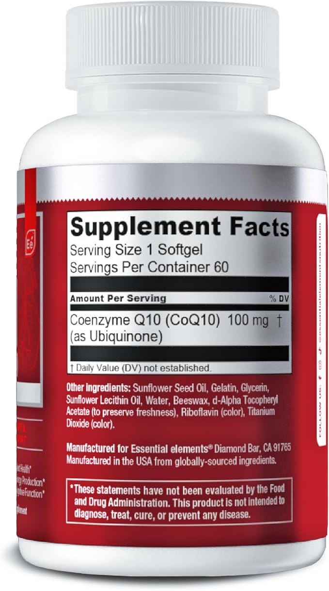 Essential Elements CoQ10 100mg Softgels for Heart, Brain, and Vascular Support - Comprehensive Coenzyme Q10 Supplement Formulated for Optimal Absorption - 60 Count, 2 Month Supply