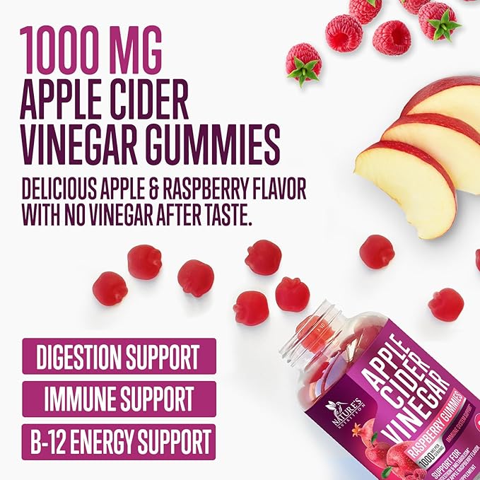 Vegan Apple Cider Vinegar Gummies 1000mg for Detox & Cleanse, ACV Gummy Vitamin B12 for Digestion Metabolism & Immune Health Support, Natural Apple Raspberry Flavor, Gluten Free - 60 Gummies