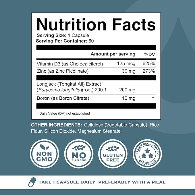 Boron Supplement For Men With Tongkat Ali - Boron 10mg, Vitamin D3, Zinc Picolinate 30mg, Longjack Tongkat Ali For Men - Boron Citrate For Men’s Health - Non GMO, Gluten Free, No Allergens - 60 ct