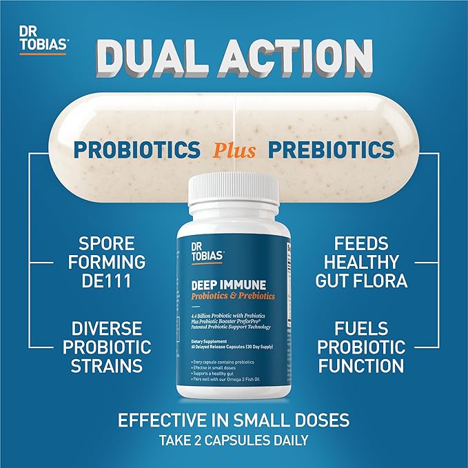 Dr. Tobias Deep Immune Probiotics & Prebiotics, Dual Action Digestion & Immune Support with PreforPro Prebiotics & Delayed Release Spore Forming Probiotics for Women & Men, 60 Capsules, 30 Servings