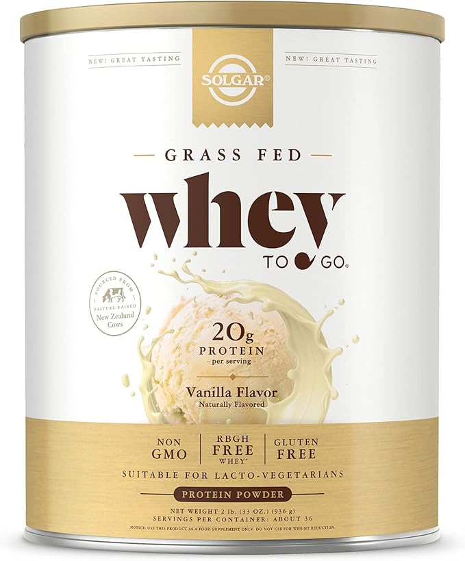 Solgar Grass Fed Whey to Go Protein Powder Vanilla, 2 lb - 20g of Grass-Fed Protein from New Zealand cows - Great Tasting & Mixes Easily - Supports Strength & Recovery -, 36 servings