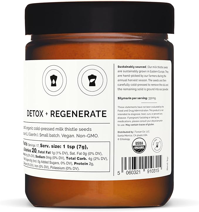 Erbology Organic Milk Thistle Powder 3.2 oz - 30 Servings - 180mg Silymarin per Serving - Liver Health - Cold-Pressed from 100% Milk Thistle Seeds - Sustainably Sourced in Europe - Vegan - GMO-Free