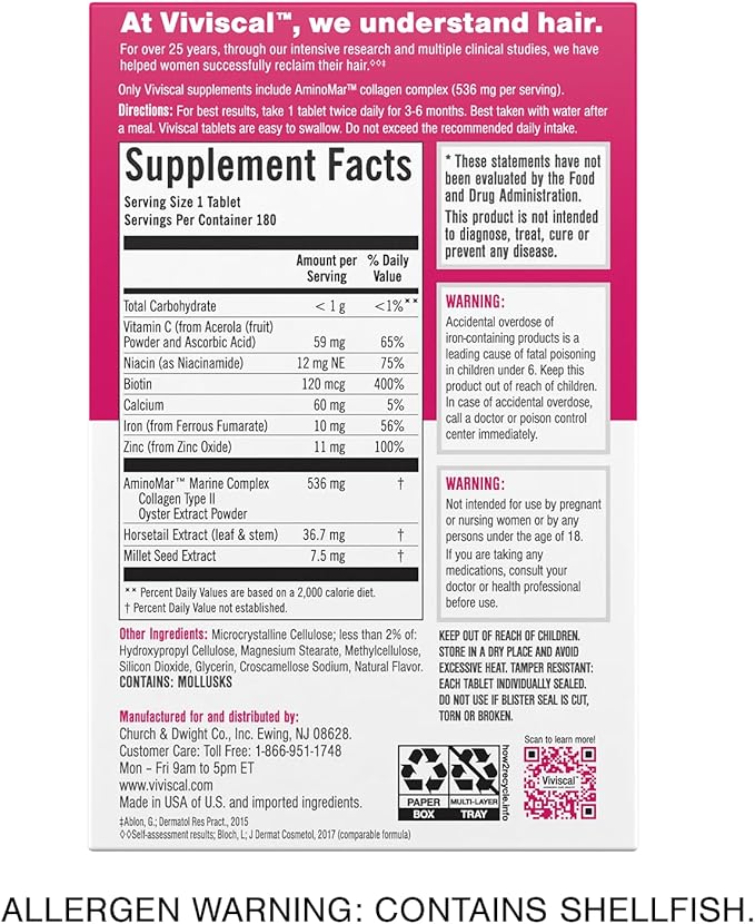 Viviscal Hair Growth Supplements For Women For Thicker, Fuller Hair, Nourishes Thinning & Loss, With Proprietary Collagen Complex, 180 Tablets, 3 Month Supply