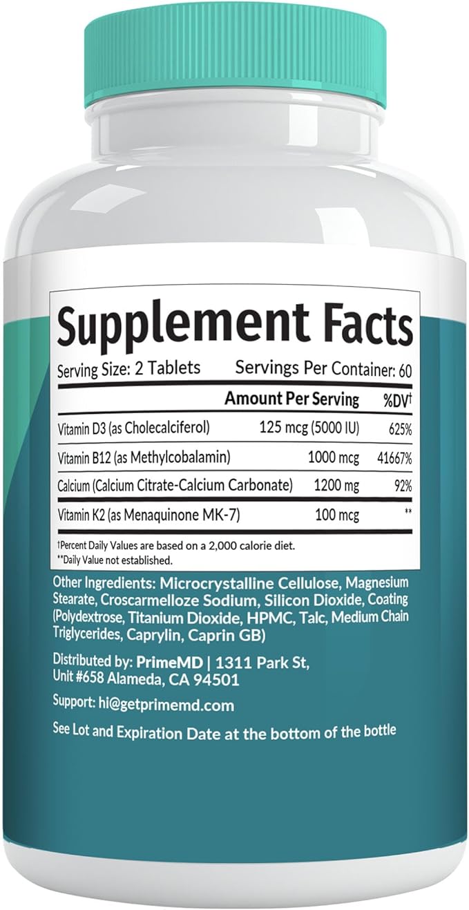 4-in-1 Calcium 1200mg with Vitamin D3 - Calcium Supplement for Women and Men with Vitamin K2 B12 5000 IU - Extra Strength Calcium Citrate for Bone and Heart Support (120ct)