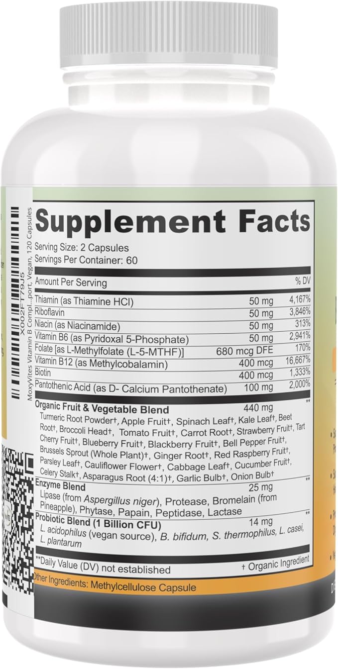 Vitamin B Complex - B Vitamins Whole Food Supplement, B12 Methylcobalamin, B1, B2, B3, B5, B6, B7, B9 - for Stress, Energy and Immune Support, Vegan, 120 Capsules