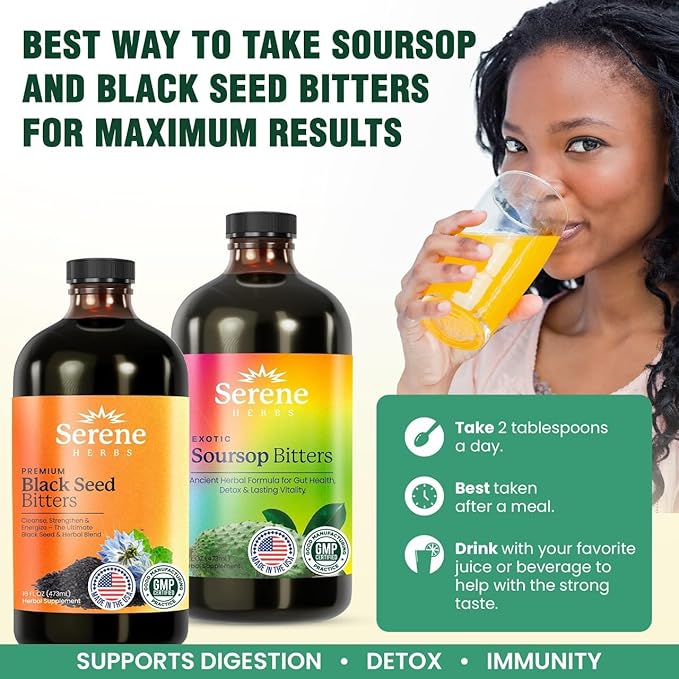 Soursop & Black Seed Bitters Bundle – Organic Herbal Detox for Digestive Support & Immune Health by Serene Herbs – Non-GMO, 32 oz (16 oz Each), 64 Servings