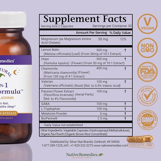 Native Remedies 10-in-1 Formula Natural Sleep Aid for Adults & Kids 4+ - Sleep Supplement with Melatonin 5mg, Magnesium, Valerian Root, Chamomile – Sleeping Aid Support, Non-GMO, Vegan - 60 Capsules