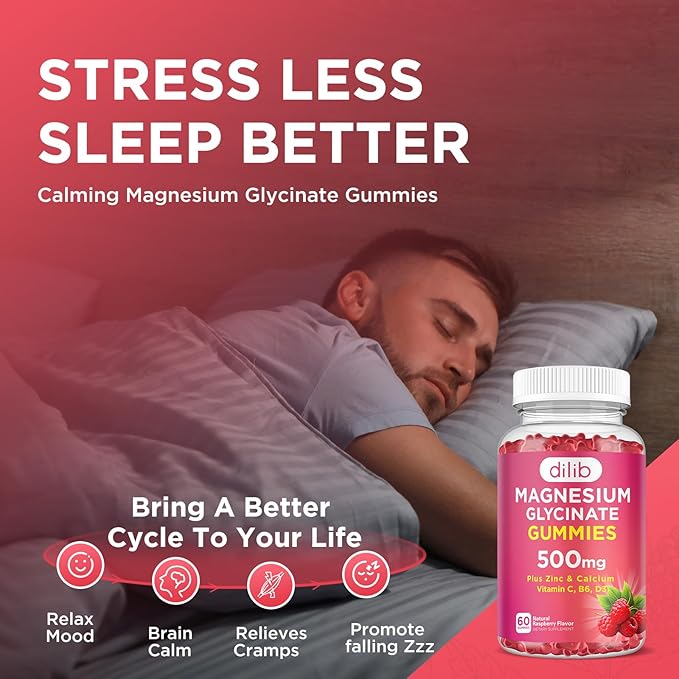 Magnesium Glycinate Gummies 500mg Magnesium Supplement with Calcium, Zinc, Vitamin C, B6, D3-Calm Chewable Gummies for Kids & Adults-Sleep, Mood & Muscle Support-Raspberry Flavor, 60 Gummies