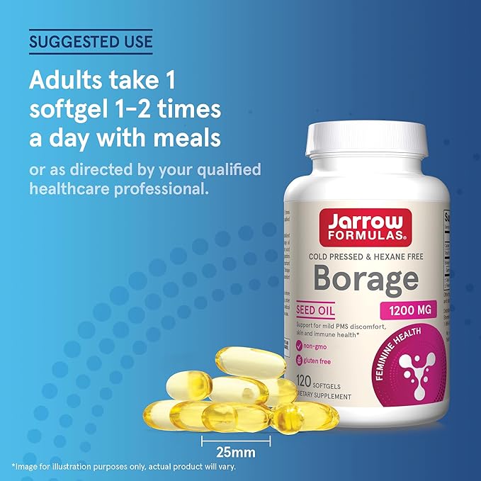 Jarrow Formulas Borage 1200 mg - 120 Softgels - Source of GLA - Borage Oil Supplement - For Skin Health & Immune System Support, Mild PMS Discomfort Support - Up to 120 Servings