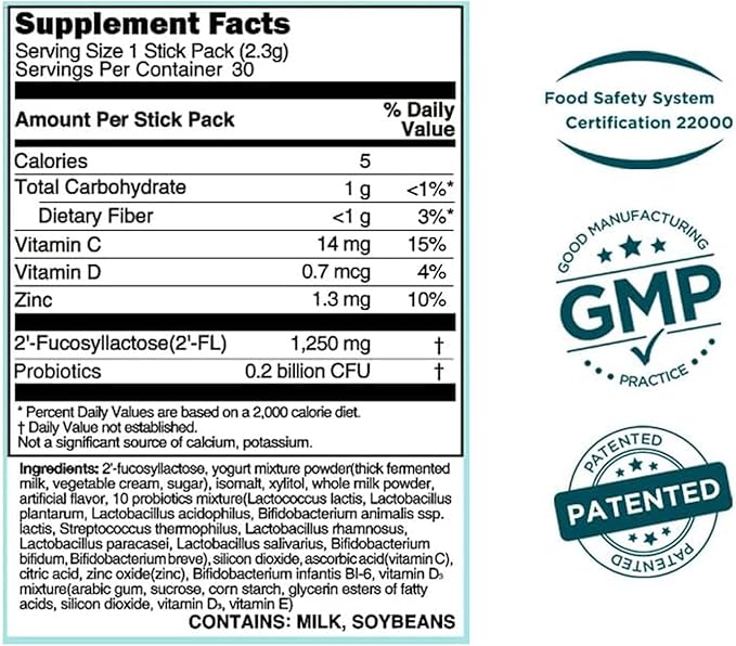 MOMSTAMIN 2'-FL HMO Prebiotics Probiotics Powder, Patented 11 Strains, Healthy Gut Microbiome, Immune Digestive Supplement, IBS Relief, 30 Sticks