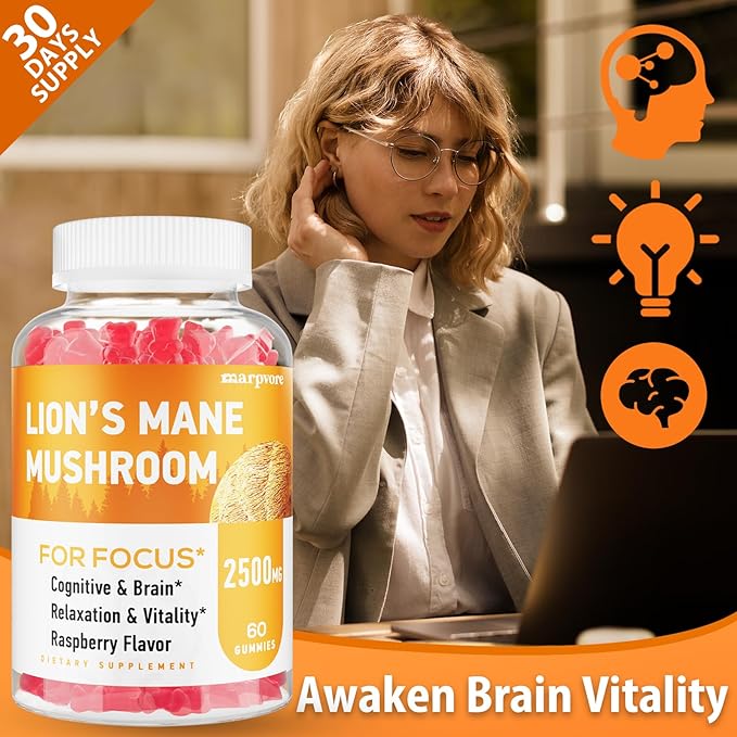 Lions Mane Gummies, Organic Lion's Mane, Lions Mane Gummies for Adults, with Ashwagandha & Alpha GPC, Cortisol Supplements for Women & Men, 60 Counts