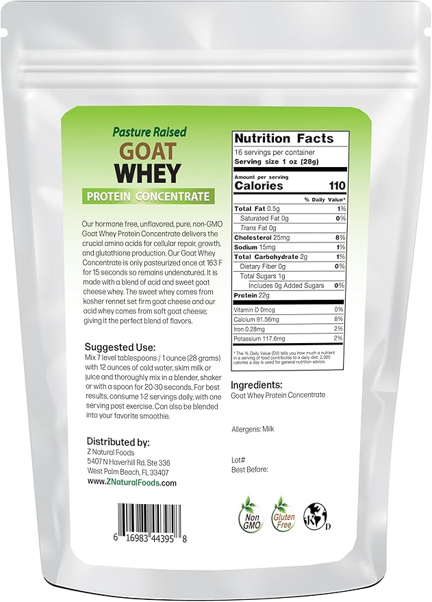 Z Natural Foods Goat Whey Protein Powder Concentrate - Undenatured, Unflavored, Pasture Raised Whey - Clean Goat Protein Powder with Vital Proteins for Weight Management, Immune Support, Fitness, 1 lb