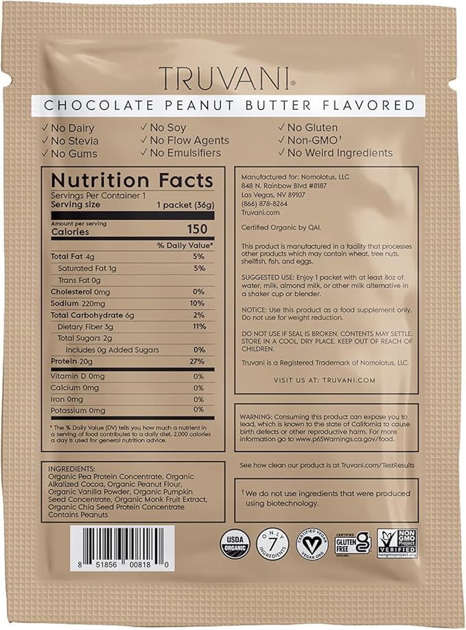 Truvani Vegan Pea Protein Powder | Chocolate Peanut Butter | 20g Organic Plant Based Protein | 1 Serving | Keto | Gluten & Dairy Free | Low Carb | No Added Sugar