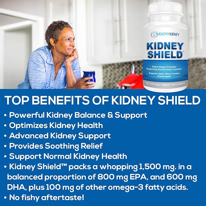 Kidney Shield Omega 3 Fish Oil Supplements - DHA EPA Omega 3 Supplement for Women & Men Kidney Health - Omega3 to Support Normal Kidney Function & Kidney Cleanse Detox & Repair - 120 Lemon Softgels