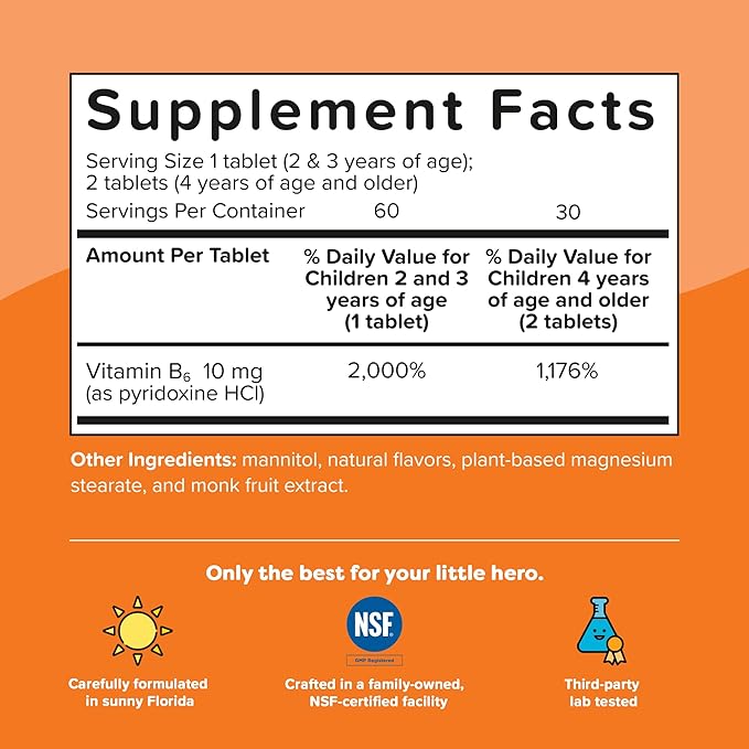 Renzo's Bright & Brainy Vitamin B6, Dissolving Kids Vitamin B6, 60 Sugar-Free Melty Tabs, Oh Oh Oh Orange Flavored