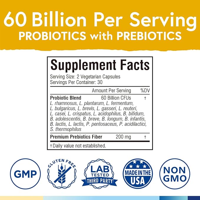 Terranics Probiotics 60 Billion CFU, 20 Strains, 60 Veg Capsules, Prebiotics & Probiotics, Shelf Stable Probiotic Supplement for Men & Women, Digestive & Immune Health, Non-GMO, NO Soy, Dairy & Gluten