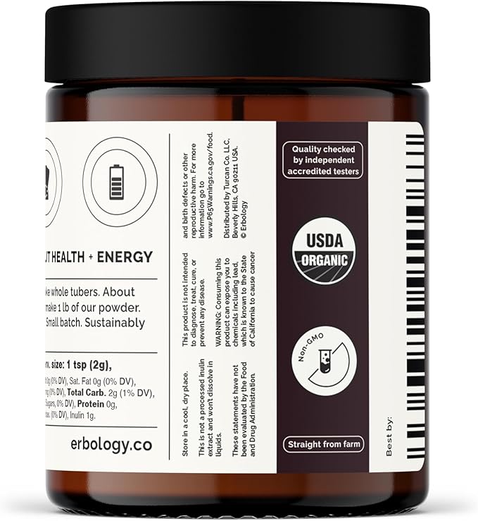 Erbology Organic Jerusalem Artichoke Powder 3.2 oz - 45 Servings - Sunchoke - 50% Prebiotic Inulin Fiber - Supports Gut Health and Promotes Diverse Microbiome - Feed Good Bacteria - Gluten-Free
