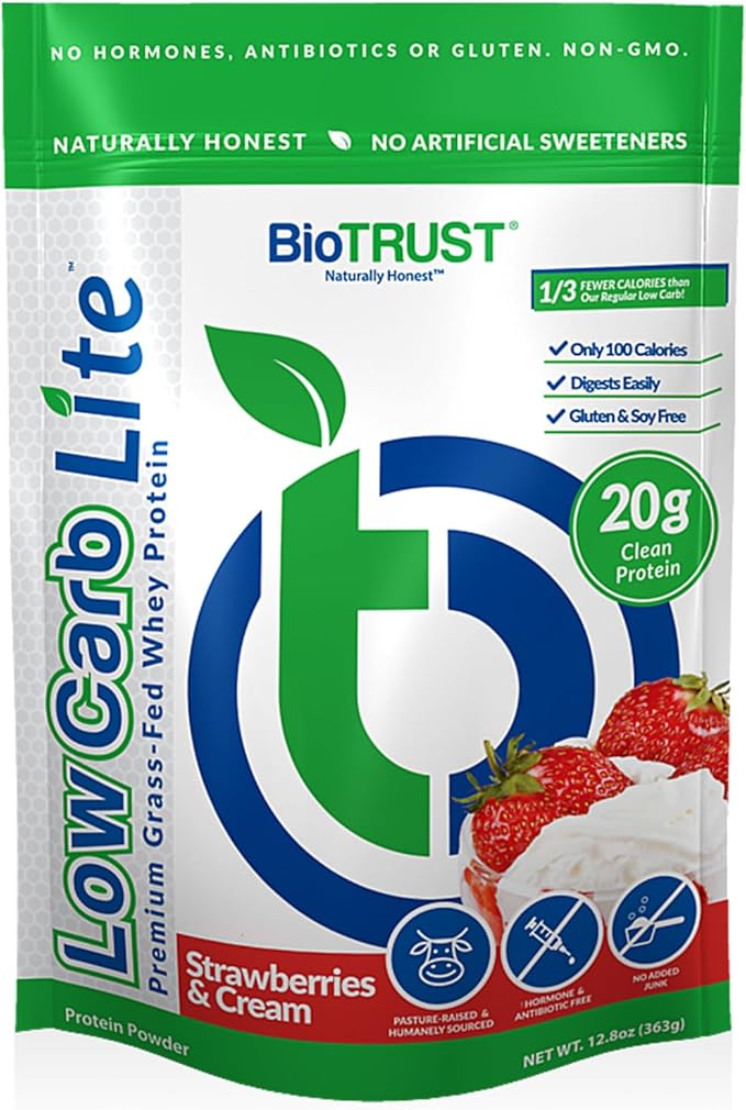 BioTrust Low Carb Lite, 20 Grams of Grass-Fed Whey Protein Isolate, 100 Calories, ProHydrolase Digestive Enzymes, Non-GMO, Free from Soy and Gluten, rBGH-Free (14 Servings) (Strawberries and Cream)