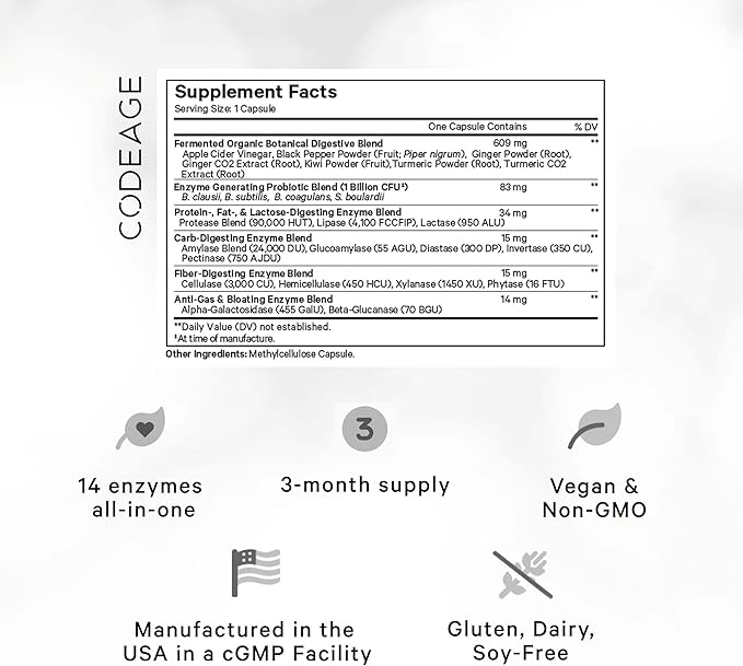 Codeage Fermented Digestive Enzymes Supplement 3-Month Supply - 14 Digestive Enzymes, Probiotics, Prebiotics, Fermented Botanicals, Plant-Based Multi Pancreatic Enzymes - 1 Capsule a Day - 90 Capsules