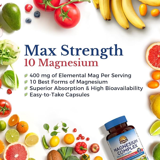 Vitalitown 10 in 1 Magnesium Complex Supplement - 400mg Elemental Magnesium Chelated with Glycinate, Citrate, Malate, Taurate & More - Magnesium for Sleep Muscle Heart Energy - Non-GMO, Vegan, 90 Caps