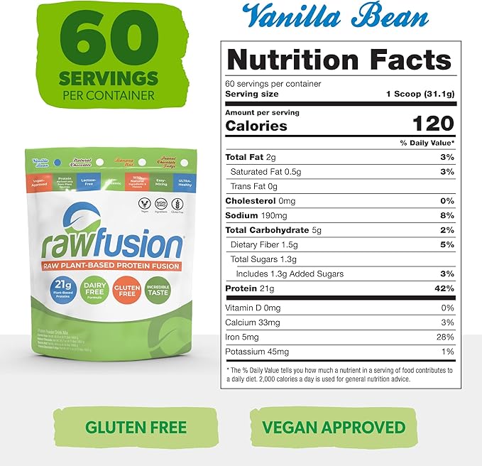 Rawfusion- Vegan Protein Powder, Vanilla Bean - 60 Servings 21g of Plant Based Protein, Low Net Carbs, Non-Dairy, Gluten/ Lactose Free, Soy Free, Kosher, Non-GMO, 4lbs Pound