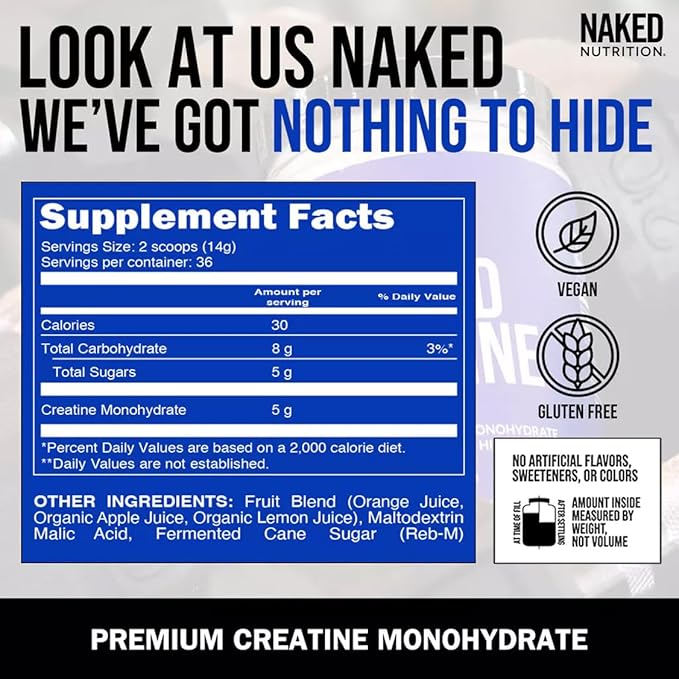 Naked Pure Micronized Orange Creatine Monohydrate - 36 Servings - 500 Grams, 1.1Lb Bulk, Vegan, Non-GMO, Gluten Free, Soy Free. Aid Strength Gains, No Artificial Ingredients Creatine