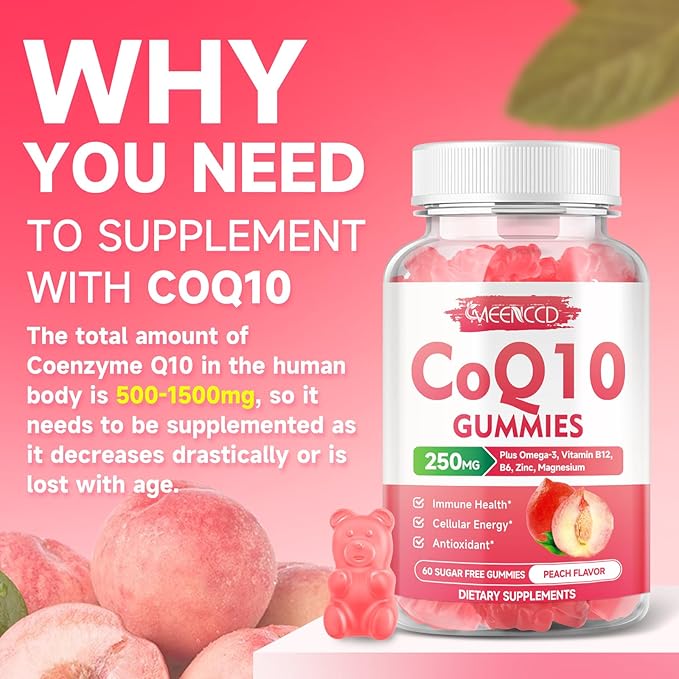 CoQ10 Gummies 250mg, Coenzyme Q10 Supplements Plus Omega-3, Vitamin B6 & Zinc, High Absorption CoQ10 Supplement for Cellular Energy & Antioxidant Support, Vegan, Peach Flavor, 120 Count