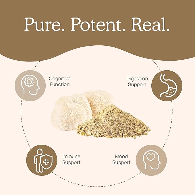 Real Mushrooms Lions Mane Powder - Organic Mushroom Extract for Cognitive Function Immune Support Brain Supplements Memory and Focus Vegan Supplement, 60 Servings