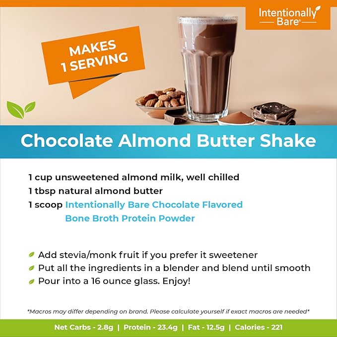 Intentionally Bare Bone Broth Protein Powder Chocolate - 20g Collagen Protein Powder for Skin Hair Joints & Gut - Keto Protein Powder with Collagen Peptide - Chocolate Collagen Powder - 20 Servings